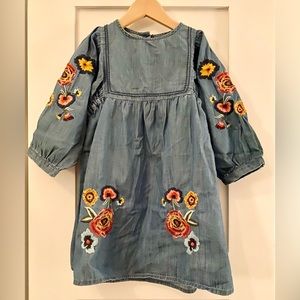 Kids Floral Embroidered Denim Dress